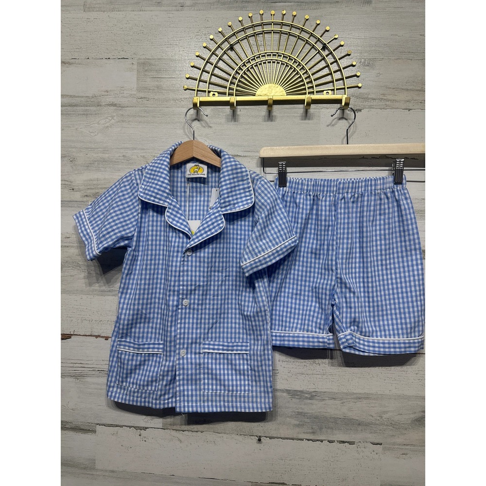 The Yellow Lamb Pajama Set Boys 7 Blue Gingham Short Sleeve Shorts NWT